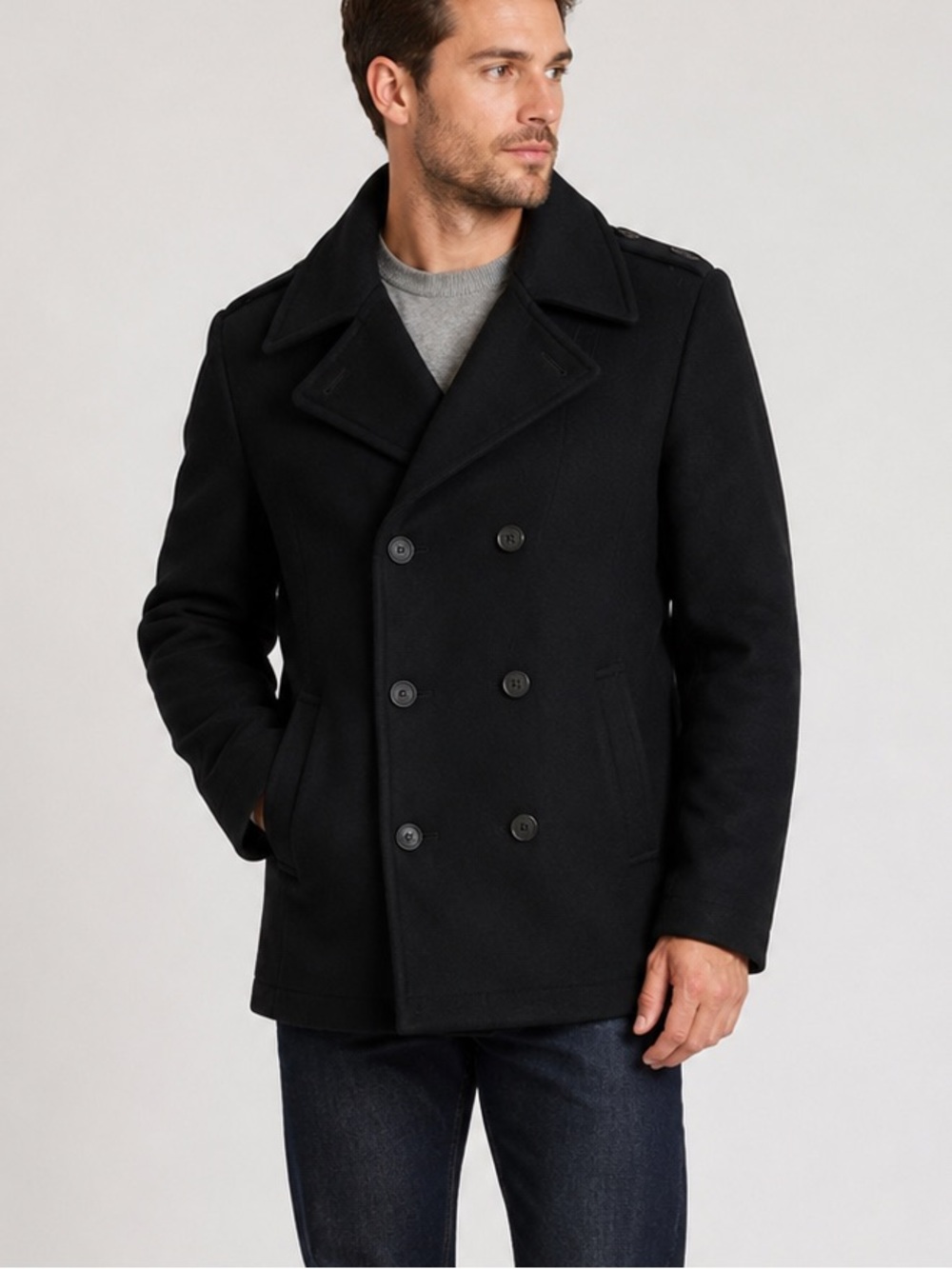 Calvin Klein Men’s Black Wool-Blend Double-Breasted Pea Coat XL
